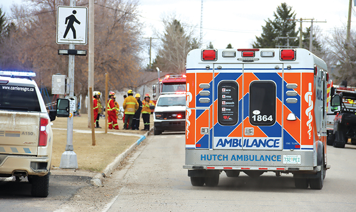 EMS and local fire department crew prepare to enter the building during the lockdown drill. <br />
