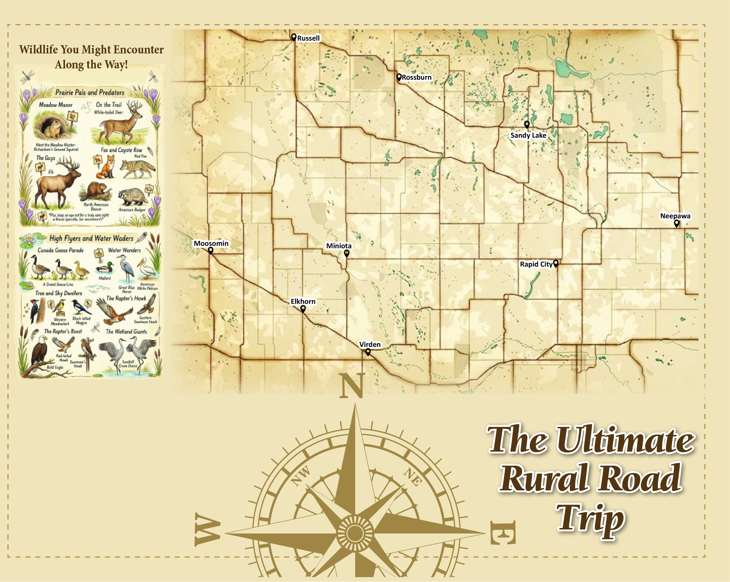 The layout of the Ultimate Rural Road Trip map across Southwest Manitoba and in Moosomin.<br />
The Rural Road Trip begins Monday, June 22 at all participating businesses.<br />
The passport will be for shoppers to collect stamps over the course of the summer and into early September.