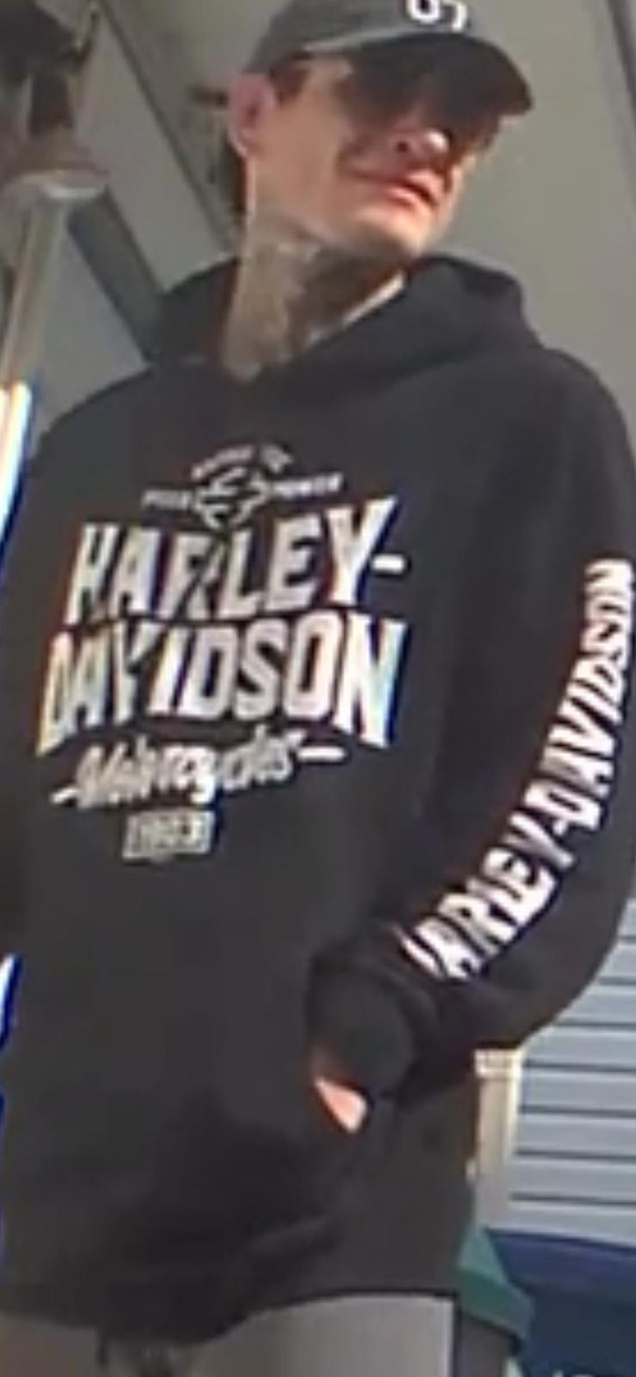 The suspect is no longer in possession of the Harley Davidson Hoodie visible in the photo.