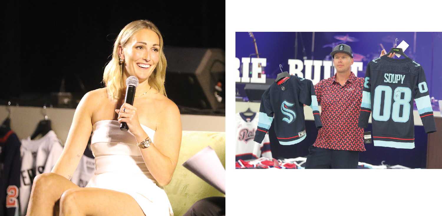 Left:Jessica Campbell during the hot stove panel. Right:Brad Hickman holding up jerseys during the live auction. 