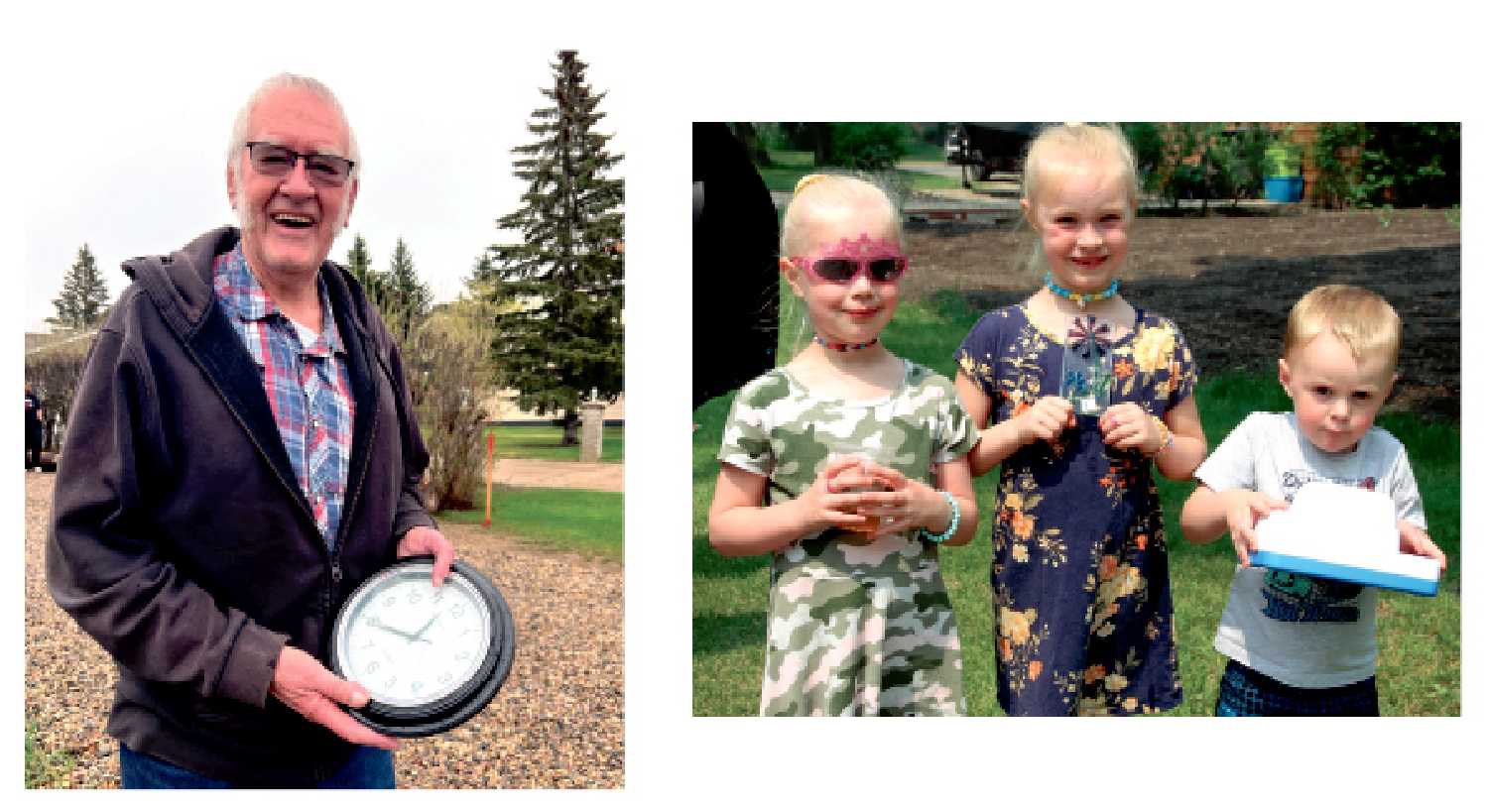 Left: Don Niebergall with his find last year during the Moosomin town wide garage sale. Right:Rory, Erica and Flynn with their finds last year during the Moosomin town wide garage sale.