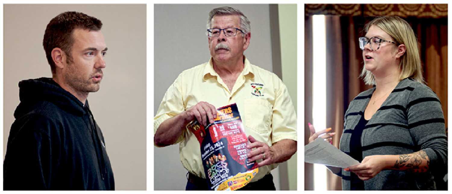 Left is Matthew Pister of Rural Route Package Pickup who told Chamber members about an upcoming dog walk fundraiser hes planning in support of PlayFair Daycare. The Shriners are back with their annual concert in October as Herb Doll, middle, explained during last weeks Chamber meeting. Speaking on behalf of PlayFair Daycare, Moosomin Economic Development Officer Casey McCormac, right, explained how businesses can help with the campaign for a second building.