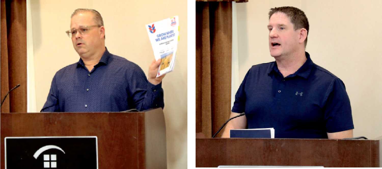 EDO Jeff Cole, left, and Mayor Murray Gray, right, speaking at the Moosomin Chamber of Commerce meeting on Tuesday about economic development in the region.