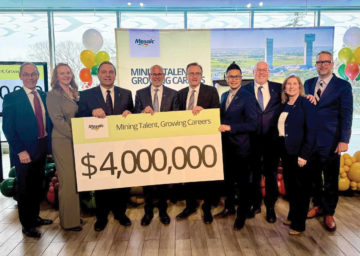 From left: Dr. Larry Rosia of Sask Polytech, Alison Dubreuil of Suncrest College, Advanced Education Minister Ken Cheveldayoff, Mosaic CEO Bruce Bodine, Saskatchewan Deputy Premier Jim Reiter, Yorkton MLA David Chan, Moosomin-Montmartre MLA Kevin Weedmark, Saskatchewan Resource Minister Colleen Young, and Quintin Robertson of Good Spirit School Division.