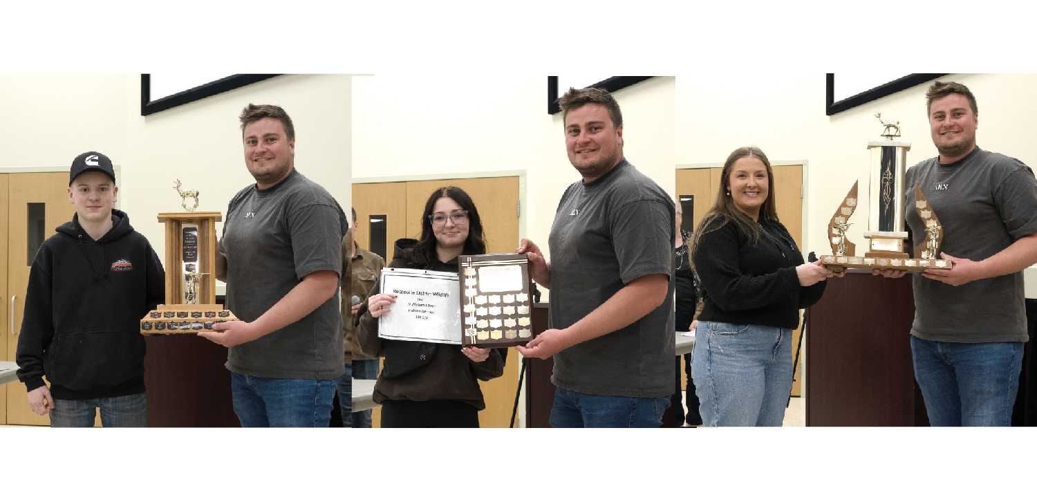 Left to right: Kendry Lewis receiving the award for Best Mule Deer from Jordan Hunter, Halaina Johnson receiving the award for Junior Whitetail Deer from Jordan Hunter, Callie Haryung receiving the award for largest typical Whitetail deer from Jordan Hunter.