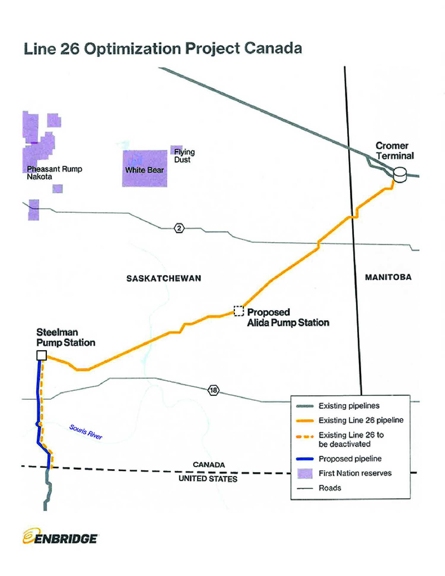 This diagram shows where the existing Line 26 would be deactivated and a proposed, larger pipeline would be built south of the Steelman pumping station so that oil could flow north to south into the U.S. from the Cromer terminal