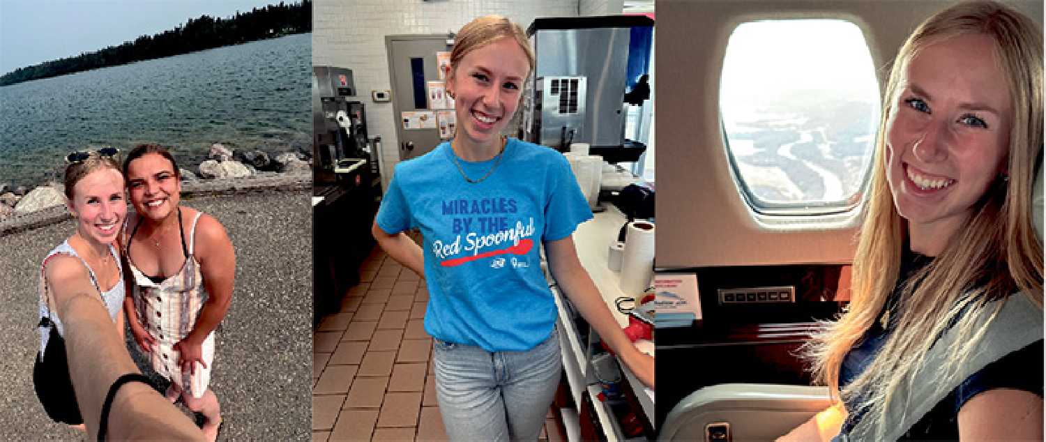 At left, Su and Ashley enjoying their time  at Clear Lake on their sales trip.  Above, volunteering for Miracle Treat Day.  At right, Ashley on the very first jet to take off at the Moosomin Airport this summer.