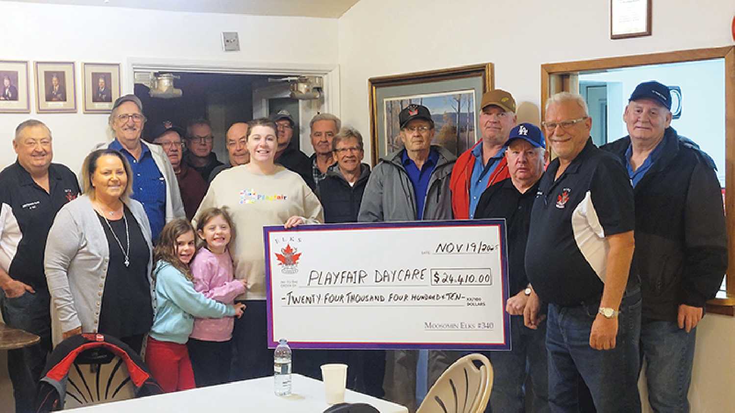 The Moosomin Elks presenting a donation of $24,410 to Playfair Daycare from proceeds of their 50/50 draw, along with a few other donations.
