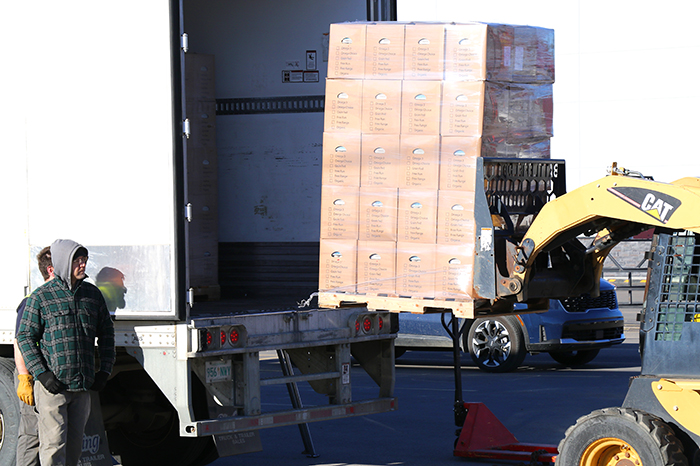 The Moosomin Food Share unloading 25,200 dozen eggs.<br />