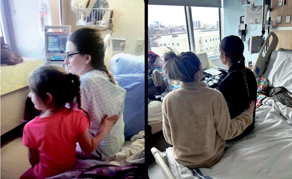 At left is a picture of Mikka, age five, comforting Summer, age 28, ten years ago in Calgary foothills hospital after Summers total gastrectomy. At right is mom Summer comforting Mikka after Mikkas total gastrectomy at age 15 in Saskatoon while Mikka is recovering in Jim Pattison Childrens Hospital.<br />
<br />
